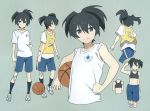  1girl armpits bare_shoulders basket_ball black_hair black_rock_shooter blue_eyes bra character_sheet costume_chart female kuroi_mato looking_at_viewer multiple_views shoes short_hair simple_background smile socks sports_bra twintails underwear upper_body 
