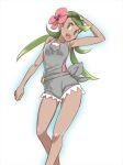  10s 1girl bare_legs dark_skin flower green_eyes green_hair hair_flower hair_ornament hand_behind_head mallow_(pokemon) matching_hair/eyes open_mouth pokemon pokemon_(game) pokemon_sm solo tied_hair twintails white_background zaitsu 