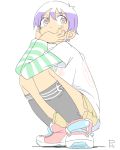  1girl crouching female flat_color full_body original pale_color purple_hair satsuyo shoes short_hair simple_background sneakers solo squatting striped tomboy white_background 