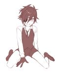  1boy blush child collared_shirt eyepatch full_body gloves looking_at_viewer male_focus monochrome necktie open_mouth personification shokudaikiri_mitsutada short_shorts shorts simple_background sitting smile socks solo touken_ranbu white_background younger zoosama 