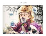  1boy 1girl baby beard blurry brown_gloves bubble bubble_blowing coat depth_of_field facial_hair glasses gloves hat jojo_no_kimyou_na_bouken joseph_joestar manoko old_man open_mouth shizuka_joestar smile sunglasses tree vignetting wrinkles 