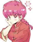  1girl asano_e braid chinese_clothes genderswap hand_on_own_cheek hand_on_own_face looking_at_viewer pink_eyes pink_hair ranma-chan ranma_1/2 saotome_ranma simple_background single_braid solo tangzhuang white_background 