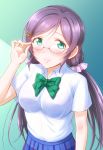  1girl aqua_eyes bespectacled blush bow bowtie bra breasts ckst collared_shirt glasses green_bow green_eyes hair_ornament hairpin hand_on_glasses highres long_hair looking_at_viewer love_live! love_live!_school_idol_festival love_live!_school_idol_project purple_hair school_uniform see-through shirt short_sleeves smile solo toujou_nozomi twintails underwear white_shirt 