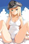  1girl arms_up bare_legs bare_shoulders bismarck_(kantai_collection) blonde_hair blue_eyes blue_sky blush breasts cleavage clouds collarbone eyebrows eyebrows_visible_through_hair hair_between_eyes hat head_tilt kantai_collection knees_up long_hair looking_at_viewer medium_breasts one-piece_swimsuit oota_yuuichi peaked_cap sitting sky solo spread_legs sweatdrop swimsuit very_long_hair white_swimsuit 