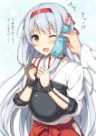  /\/\/\ 1girl ;o admiral_(kantai_collection) bangs blush bottle commentary_request hairband hakama hands_on_own_chest holding japanese_clothes kantai_collection long_hair muneate nakamura_sumikage one_eye_closed open_mouth ramune red_hakama shoukaku_(kantai_collection) silver_hair simple_background single_glove solo_focus star sweatdrop tareme translated upper_body very_long_hair white_background wince 