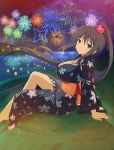  1girl breasts female fireworks homura_(senran_kagura) kimono large_breasts long_hair looking_at_viewer night official_art ponytail senran_kagura senran_kagura_(series) sitting smile solo 