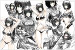  1girl arm_behind_head armpits arms_behind_head bare_shoulders bikini black_bikini black_dress black_hair breasts character_sheet cleavage coat dress female fubuki_(one-punch_man) green_eyes grin jewelry multiple_views navel necklace one-punch_man partially_colored s_tanly smile sweater swimsuit wet white_background 