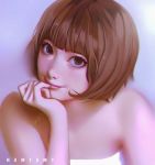  1girl bangs bare_shoulders blunt_bangs blurry brown_eyes brown_hair closed_mouth depth_of_field hand_to_own_mouth head_tilt looking_at_viewer numyumy original pink_lips portrait purple_background short_hair simple_background smile solo strapless upper_body 