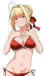  1girl :p ahoge bikini blonde_hair blush breasts cleavage fate/extra fate/grand_order fate_(series) looking_at_viewer navel red_bikini saber_extra smile solo swimsuit tongue tongue_out tsukumo 