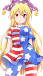  1girl absurdres american_flag_dress american_flag_legwear arms_at_sides blonde_hair blush breasts clownpiece cowboy_shot dress gluteal_fold hat highres hiro_(pqtks113) jester_cap long_hair looking_at_viewer medium_breasts neck_ruff pantyhose parted_lips polka_dot red_eyes short_dress short_sleeves simple_background smile solo standing star star_print striped touhou very_long_hair white_background 