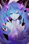  1girl ahoge aqua_eyes aqua_hair blood cracked_skin ghost_rule_(vocaloid) hand_around_neck hatsune_miku head_tilt highres irucha long_hair open_mouth pink_blood solo_focus upper_body vocaloid 