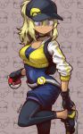  10s 1girl adjusting_clothes backpack bag black_gloves blonde_hair blue_eyes breasts choker cleavage dark_skin female_protagonist_(pokemon_go) fingerless_gloves gloves hat leggings mizuno_(okn66) pants pidgey poke_ball pokemon pokemon_go ponytail rattata shoes short_hair sneakers solo yoga_pants 