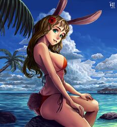  1girl 2016 animal_ears ass bikini blonde_hair blue_sky breasts bunny_tail commentary completion_time eyebrows eyelashes flower green_eyes hair_flower hair_ornament hibiscus highres lips ocean orange_bikini original palm_tree rabbit_ears rock ryu_shou side-tie_bikini sideboob sitting sky smile solo strap_gap summer swimsuit tail tree under_boob 