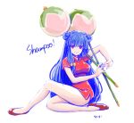  1girl blue_hair china_dress chui dual_wielding female full_body hiyopuko legs light_smile looking_at_viewer ranma_1/2 red_eyes shampoo_(ranma_1/2) simple_background sitting solo twintails weapon white_background 