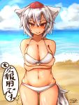  1girl absurdres animal_ears bega bikini breasts collarbone eyebrows forced_smile groin hat highres inubashiri_momiji large_breasts looking_at_viewer navel ocean red_eyes short_hair silver_hair solo speech_bubble swimsuit tail thick_eyebrows tokin_hat touhou translation_request tsurime white_bikini wolf_ears wolf_tail 