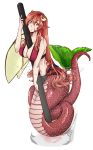  1girl bikini blush breasts cleavage cocktail cup drinking_glass drinking_straw food fruit glass hair_ornament hairclip highres in_container lamia large_breasts long_hair looking_at_viewer miia_(monster_musume) minigirl monster_girl monster_musume_no_iru_nichijou navel onetruevegetable pointy_ears redhead scales slit_pupils smile solo swimsuit very_long_hair yellow_eyes 