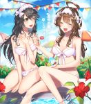  2girls :d ^_^ ^o^ ahoge beach_umbrella bikini blurry blush bow breasts bush cherry cleavage closed_eyes collarbone depth_of_field food frills front-tie_bikini front-tie_top fruit garland_(decoration) hair_bow hair_ornament hairclip hand_on_own_chest haruna_(kantai_collection) head_tilt highres holding kantai_collection kiwifruit kneeling kongou_(kantai_collection) long_hair maid_headdress medium_breasts multiple_girls navel open_mouth outdoors plant pool shaved_ice sitting smile soaking_feet sparkle spoon stomach swimsuit text translation_request umbrella white_bikini white_bow yakusuke yellow_eyes 