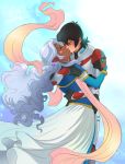  1boy 1girl armor arms_around_waist black_gloves black_hair blue_dress circlet closed_eyes curly_hair dark_skin dress earrings facial_mark gloves hetero hyakujuu-ou_golion jewelry keith_(voltron) kiss long_hair pointy_ears princess_allura sasha_gladysh voltron:_legendary_defender white_hair wrist_cuffs 