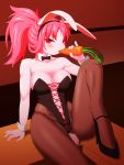  1girl artist_request blush breasts bunnysuit carrot cleavage furry high_heels long_hair looking_at_viewer pantyhose pink_eyes pink_hair ponytail rabbit sitting solo 