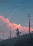  1girl ahoge animal bag bicycle bicycle_basket bird black_hair black_legwear blue_sky clouds condensation_trail evening from_behind grass grey_skirt ground_vehicle guweiz kneehighs liftoff outdoors over_shoulder power_lines red_scarf road_sign rocket scarf scenery shirt short_hair short_sleeves sign skirt sky solo sparkle stairs telephone_pole white_shirt 