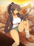  1girl breasts female homura_(senran_kagura) large_breasts legs long_hair ponytail senran_kagura senran_kagura_(series) shorts sitting 