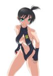  1girl alternate_hair_color bare_shoulders black_hair breasts dengeki!_pikachu female green_eyes gym_leader kasumi_(pokemon) large_breasts looking_at_viewer nintendo one-piece_swimsuit ozaneko poke_ball pokemon ponytail short_hair side_ponytail smile solo swimsuit thong_bikini 