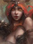  breasts cleavage demon_hunter diablo diablo_3 elbow_gloves enshanlee facial_mark gloves glowing glowing_eyes looking_at_viewer orange_eyes redhead 