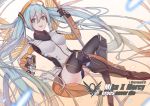  1girl absurdly_long_hair absurdres aiming_at_viewer aqua_eyes aqua_hair black_boots black_legwear black_panties boots breasts brown_background copyright_name cosplay crossover dutch_angle emblem floating_hair gloves gradient gradient_background gun handgun hatsune_miku highres holding holding_gun holding_staff holding_weapon knee_boots legs_crossed long_hair looking_at_viewer mechanical_halo mechanical_wings medium_breasts mercy_(overwatch) mercy_(overwatch)_(cosplay) open_mouth overwatch panties pantyshot pistol smile solo sora_(zwz030) staff thigh-highs twintails underwear very_long_hair vocaloid weapon wings 