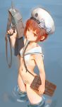  1girl auburn_hair bangs bare_shoulders beret bikini brown_eyes clothes_writing cowboy_shot flat_chest gun hat highres holding kantai_collection lowleg lowleg_bikini machinery midriff navel ripples sailor_bikini sailor_collar sailor_hat short_hair sleeveless solo standing swimsuit tim_loechner wading water weapon white_bikini white_hat z3_max_schultz_(kantai_collection) 