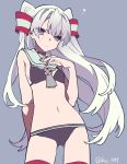  1girl adapted_costume amatsukaze_(kantai_collection) arm_behind_back ass bare_shoulders bikini grey_background hair_tubes highres kantai_collection lifebuoy long_hair looking_at_viewer navel red_legwear sailor_bikini sailor_collar silver_hair simple_background solo swimsuit thigh_gap thighs twitter_username two_side_up windsock yamada_kei 