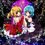  akina_(artist) akina_(schism) bare_shoulders bat_wings blonde_hair blue_hair elbow_gloves fingerless_gloves flandre_scarlet gloves multiple_girls pantyhose ponytail red_eyes remilia_scarlet short_hair siblings side_ponytail sisters touhou wings 