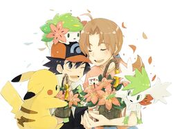  1boy 1girl ahoge alternate_form baseball_cap basket black_hair brown_hair closed_eyes family flower hanako_(pokemon) happy hat mother&#039;s_day mother_and_son petals pikachu pokemon pokemon_(anime) pokemon_(creature) ribbon satoshi_(pokemon) shaymin smile tatsumi trucker_hat 