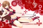  boots breasts brown_hair cleavage meiko microphone midriff navel short_hair smile solo sunday31 vocaloid wink 