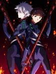  2boys bodysuit brown_hair evangelion:_3.0_you_can_(not)_redo grey_hair ikari_shinji kagio_(muinyakurumi) lance multiple_boys nagisa_kaworu neon_genesis_evangelion plugsuit polearm rebuild_of_evangelion skin_tight smile weapon 