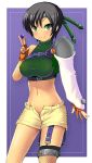  black_hair final_fantasy final_fantasy_vii fingerless_gloves fishnet_legwear fishnets gloves green_eyes headband kyoku_tou materia midriff navel open_fly short_hair shorts sleeveless sleeveless_turtleneck smile solo thighhighs turtleneck unzipped yuffie_kisaragi 