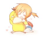  backpack bag barefoot blush chibi gym_leader heart hug k_0427 kasumi_(pokemon) kuu_(0427) orange_hair pokemon pokemon_(anime) psyduck short_hair side_ponytail simple_background smile suspenders 