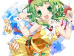  breasts child cleavage cuffs fang fish green_eyes green_hair gumi hekicha microphone ribbon solo vocaloid wrist_cuffs 