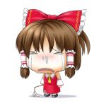  &gt;_&lt; brown_hair buran chibi detached_sleeves gohei hair_ribbon hakurei_reimu nose_blush poverty ribbon sad snot stitches tears touhou 