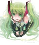  detached_sleeves green_hair hatsune_miku headphones headset kneeling long_hair necktie open_mouth shell_(pixiv) skirt thigh-highs thighhighs twintails vocaloid 