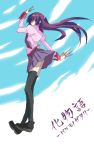  legs long_hair monogatari_(series) purple_hair school_uniform scissors senjougahara_hitagi solo stationery thigh-highs thighhighs wind 