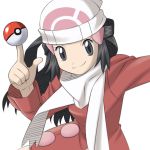  alternate_costume balancing beanie black_eyes black_hair hair_ornament hairclip hat hikari_(pokemon) hikari_(pokemon)_(remake) long_hair poke_ball pokemon pokemon_(game) pokemon_dppt scarf simple_background smirk solo white_background yagitori 