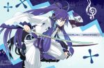  blue_eyes fan japanese_clothes kamui_gakupo long_hair male musical_note ponytail purple_hair sunday31 sword vocaloid weapon 