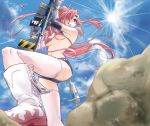  bikini_top boots bullet elbow_gloves fingerless_gloves from_below gloves gun hair_ornament long_hair matsumoto midriff pink_legwear pink_thighhighs ponytail red_hair redhead rifle short_shorts shorts sky sniper_rifle tengen_toppa_gurren_lagann thigh-highs thighhighs weapon yellow_eyes yoko_littner yoko_ritona 