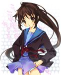  blush brown_eyes brown_hair cardigan genderswap kyonko lowleg lowleg_panties miniskirt panties ponytail ribbon school_uniform skirt skirt_lift solo standing striped striped_panties suzumiya_haruhi_no_yuuutsu thigh_gap underwear wind_lift yu_yu 