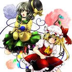  :t akina_(artist) akina_(schism) ascot blonde_hair blue_rose bow flandre_scarlet flower green_eyes green_hair hat hat_bow hat_removed headwear_removed heart heart_of_string komeiji_koishi laevatein mary_janes open_mouth ponytail pout red_eyes rose shoes short_hair side_ponytail silver_hair skirt skirt_set smile third_eye touhou wings 