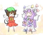  2girls :&lt; animal_ears brown_hair cat_ears cat_tail chen chibi dress earrings fang hair_ribbon hat jewelry multi_tail multiple_girls multiple_tails natsuki_(silent_selena) patchouli_knowledge purple_hair ribbon silent_selena tail touhou 