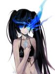  bikini_top black_hair black_rock_shooter black_rock_shooter_(character) blue_eyes flat_chest glowing glowing_eyes long_hair midriff navel shell_(pixiv) simple_background solo tears twintails 