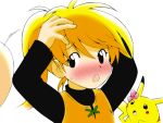  1girl black_eyes blonde_hair blush chuchu_(pokemon) embarrassed flower hair_flower hair_ornament pikachu pokemon pokemon_(creature) pokemon_special ponytail sweatdrop yagitori yellow_(pokemon) 