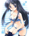  bad_id black_legwear black_thighhighs blue_eyes blush bra k-on! lingerie long_hair navel panties shima_(6land) solo striped striped_bra striped_panties thigh-highs thighhighs underwear 