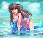  :d bessho_koyoi brown_hair casual_one-piece_swimsuit dolphin frilled_swimsuit frills hatsukoi_limited inflatable_dolphin inflatable_raft long_hair one-piece one-piece_swimsuit open_mouth red_eyes riding sea_spray shimaji short_twintails smile swimsuit twintails 